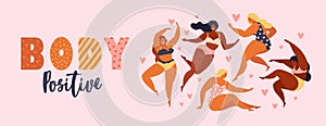 Body positive. Happy plus size girls and active healthy lifestyle. Vector illustration