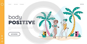 Body Positive Landing Page Template. Young Girls Characters Wearing Swim Suits Dancing on Seaside at Summer Beach Party