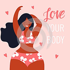 Body positive. Love your body. Flat vector illustration for postcard, card, banner, poster. Vector