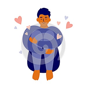 Wellbeing, acceptance, selfcare vector illustration with happy smiling man sitting hugging self knees photo