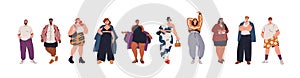 Body-positive plus-size people in fashion apparel set. Happy men, women with fat curvy bodies, wearing stylish clothes