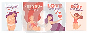 Body positive posters. Love yourself prints with happy woman with self esteem, heart and motivation quote. Women or
