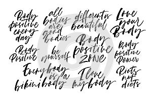 Body positive quotes handwritten calligraphy set. Modern vector brush calligraphy.