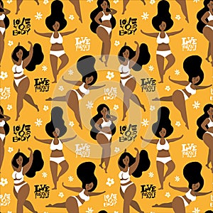 Body positive seamless pattern with african woman. Inspirational quote