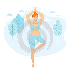Body positive. Woman doing yoga on the nature, vector illustration. Healthy lifestyle. Yoga class, yoga center