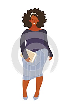 Body positive woman portrait. Portrait of a full length African American woman, plus size woman. Happy business woman, cute