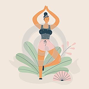 Body positivity cute young plump girl with more size-inclusive body do yoga in funky figures style.Plumpish lady in tree pose.