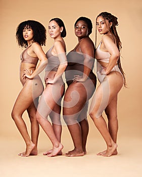 Body positivity, skin and portrait of women group together for inclusion, beauty and power. Aesthetic model friends on