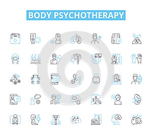 Body psychotherapy linear icons set. Embodiment, Movement, Sensation, Breathwork, Mindfulness, Bioenergetics