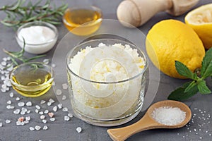 Body scrub of sea salt with lemon photo