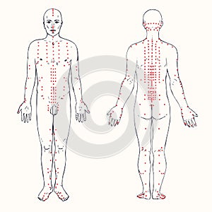 Body set front and back acupuncture scheme with red points, hand drawn doodle, sketch in pop art style, black and white