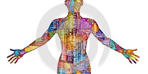 Body silhouette made out of colorful positive affirmations, concept of Self-esteem building, created with Generative AI