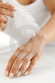 Body Skin Care. Closeup Of Woman Hands Touching Soft Hand Skin