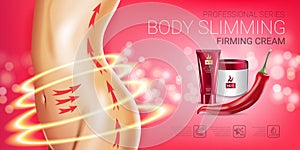 Body skin care series ads. Vector Illustration with chili pepper body slimming firming cream tube and container