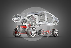 Body and suspension of the car with wheel and engine Undercarriage with bodycar in detail  on black gradient background 3d