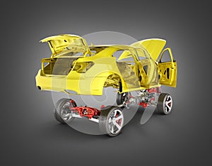 Body and suspension of the car with wheel and engine Undercarriage with bodycar in detail isolated on black gradient background 3d