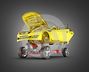 Body and suspension of the car with wheel and engine Undercarriage with bodycar in detail isolated on black gradient background 3d