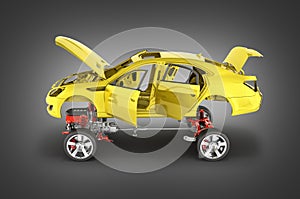 Body and suspension of the car with wheel and engine Undercarriage with bodycar in detail isolated on black gradient background 3d