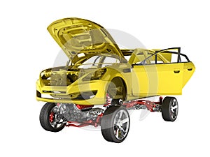 Body and suspension of the car with wheel and engine Undercarriage with bodycar in detail isolated on white background 3d without