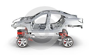 Body and suspension of the car with wheel and engine Undercarriage with bodycar in detail isolated on white background 3d