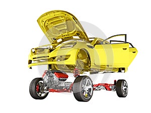 Body and suspension of the car with wheel and engine Undercarriage with bodycar in detail isolated on white background 3d without