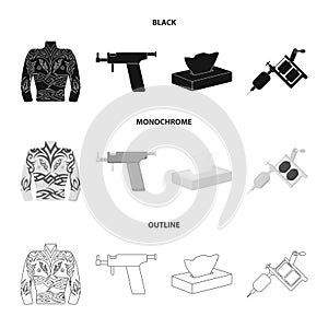 Body tattoo, piercing machine, napkins. Tattoo set collection icons in black,monochrome,outline style vector symbol