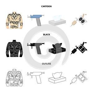 Body tattoo, piercing machine, napkins. Tattoo set collection icons in cartoon,black,outline style vector symbol stock