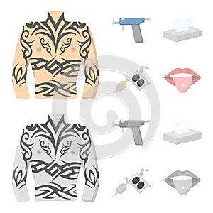 Body tattoo, piercing machine, napkins. Tattoo set collection icons in cartoon,monochrome style vector symbol stock