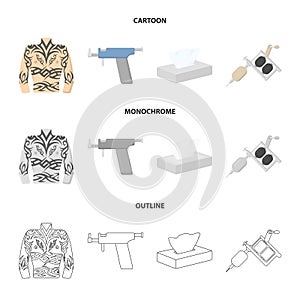 Body tattoo, piercing machine, napkins. Tattoo set collection icons in cartoon,outline,monochrome style vector symbol