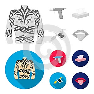 Body tattoo, piercing machine, napkins. Tattoo set collection icons in monochrome,flat style vector symbol stock