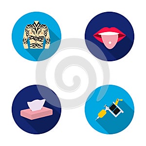 Body tattoos, piercings, napkins, tattoo machine. Tattoo set collection icons in flat style vector symbol stock
