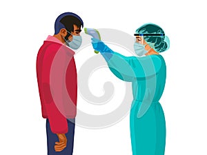 Body temperature check. Female medic holding infrared forehead thermometer before man. Vector illustration.