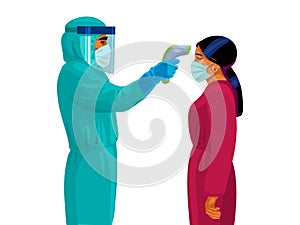 Body temperature check. Male medicholding infrared forehead thermometer before young woman. Vector illustration.