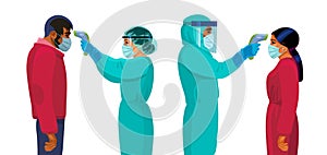 Body temperature check. Medics in protective suits holding infrared forehead thermometer before man and woman. Vector