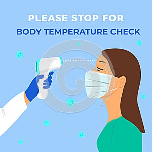 Body temperature check required sign Coronavirus pandemic prevention.