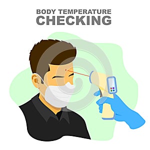 Body temperature checking, using thermometer gun (pyrometer) and glove illustration.