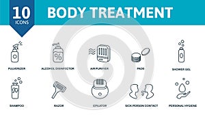 Body Treatment icon set. Collection of simple elements such as the rubber gloves, protective suit, pulverizer, alcohol