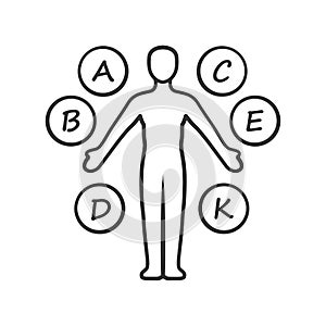 Body vitamins linear icon. A, B, C, D, E, K multivitamins. Vital minerals, antioxidants. Healthcare, medicine. Thin line