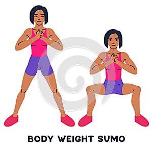 Body weight sumo. Wide stance squats. Sport exersice. Silhouettes of woman doing exercise. Workout, training