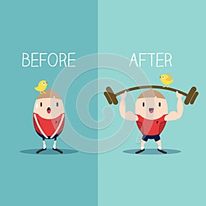 Bodybuilder with barbell before and after illustration