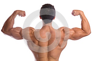 Bodybuilder bodybuilding flexing muscles posing back biceps strong muscular young man isolated