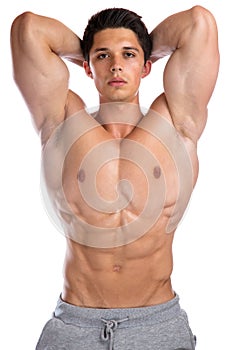 Bodybuilder bodybuilding flexing muscles posing body builder building strong muscular young man isolated