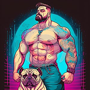 Bodybuilder with dog created with generative AI technology