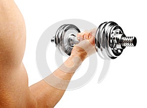 Bodybuilder with dumbbell in the hand isolated on white