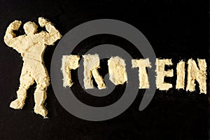 Bodybuilder figure from milk powder and word protein.