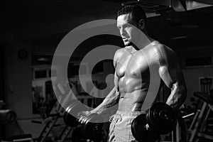 Bodybuilder in gym with dumbbells. Biceps exercises. Training and workouts. Sportsman with shirtless torso. Sporty