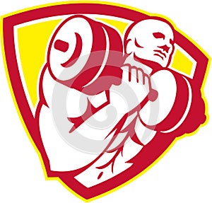 Bodybuilder Lifting Dumbbell Shield Retro