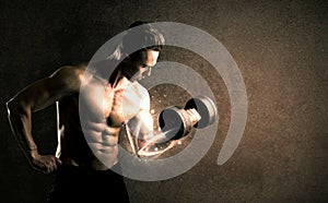 Bodybuilder lifting weight with energetic white lines concept
