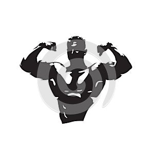 Bodybuilder logo gym, abstract isolated vector silhouette. Man with big muscles posing