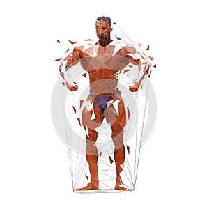 Posing bodybuilder, low polygonal isolated vector illustration. Front view. Geometric man with big muscles